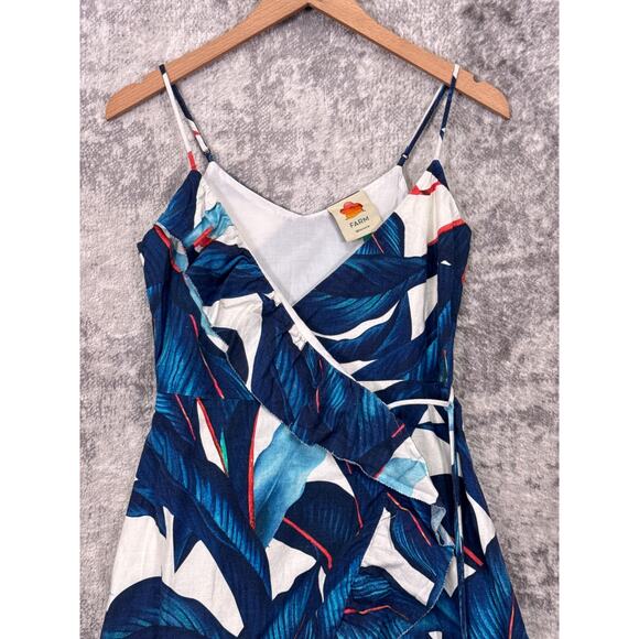 Farm Rio Dress XS Womens Linen Blue Tropical Palm Floral Wrap Mini Jewel Tassel - Picture 2 of 8
